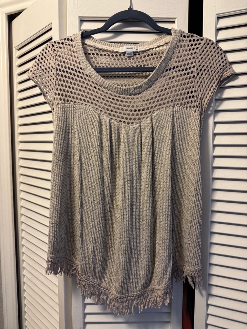 Mauve Open-Knit Fringe Hem Cap-Sleeve Tunic in Beige
